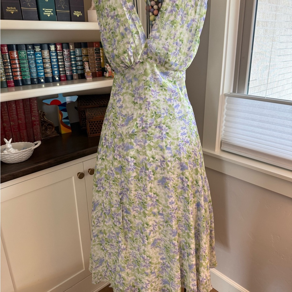 Astr Floral Backless Midi Dress in Lavender and Green